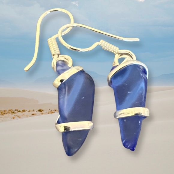 Aqua Blue and Cobalt Blue Pompano Beach Glass Freeform Pierced Earrings - Picture 3 of 4